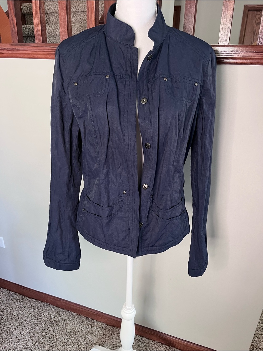 Tahari Navy Blue Metallic Utility Jacket Mock Neck Snap Front Size L